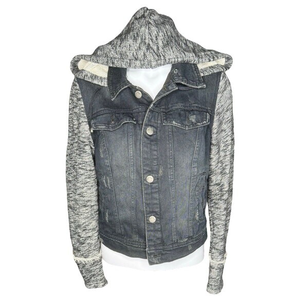 Free People Knit Hoodie Denim Jacket Black Grey Layered Boho Womens Small - Picture 1 of 6